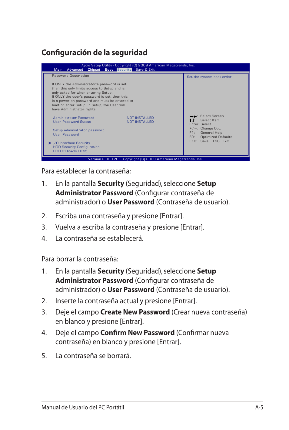 Configuración de la seguridad, Manual de usuario del pc portátil a-5 | Asus X35SG User Manual | Page 81 / 116