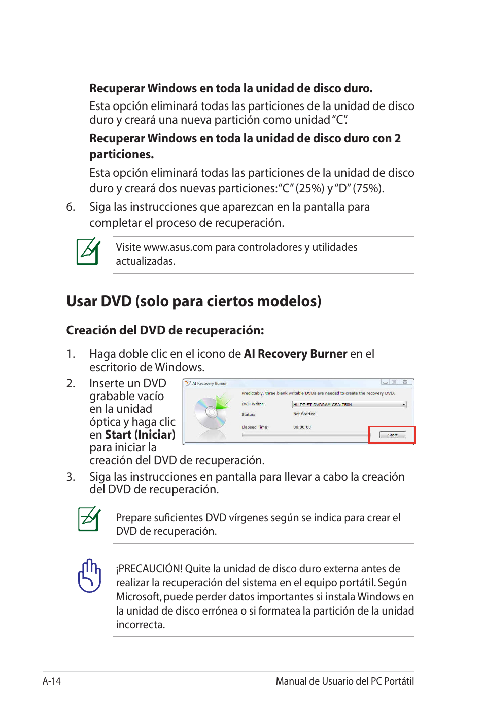 Usar dvd (solo para ciertos modelos) | Asus X35SG User Manual | Page 90 / 116