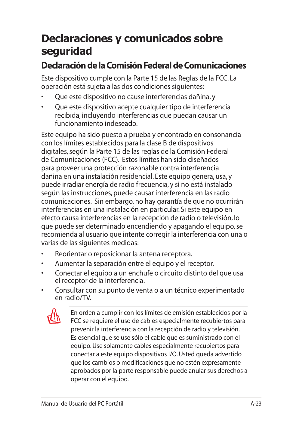 Declaraciones y comunicados sobre seguridad | Asus X35SG User Manual | Page 99 / 116