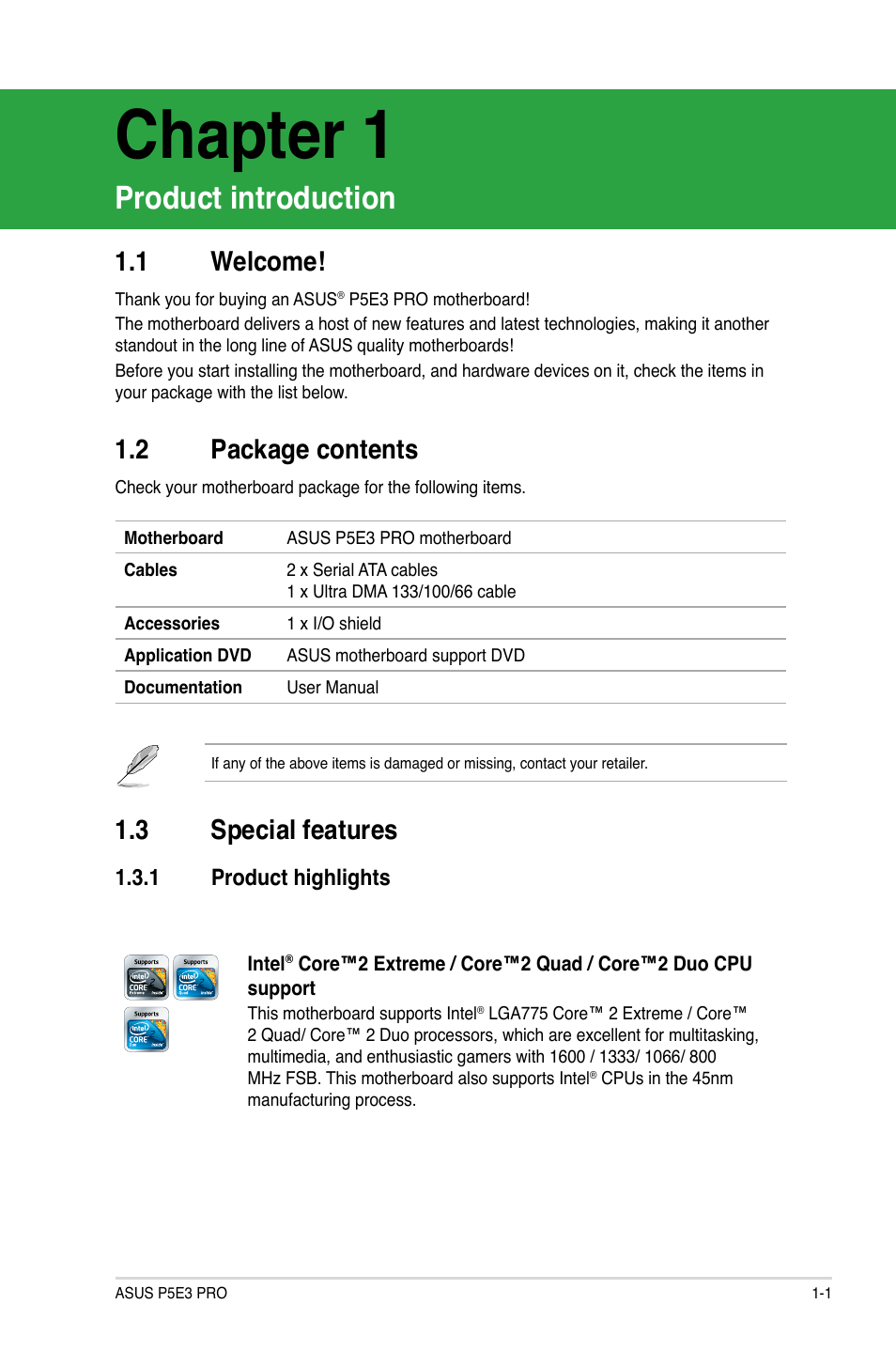 Chapter 1, Product introduction, 1 welcome | 2 package contents, 3 special features, 1 product highlights, Welcome! -1, Package contents -1, Special features -1 1.3.1, Product highlights -1 | Asus P5E3 Pro User Manual | Page 11 / 62