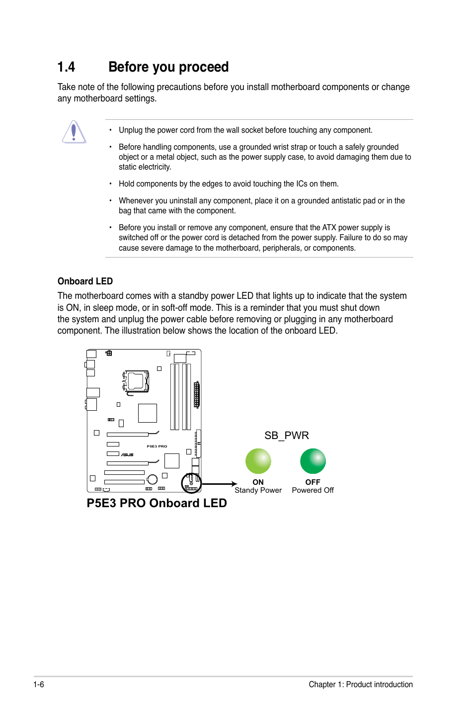 4 before you proceed, Before you proceed -6, P5e3 pro onboard led | Asus P5E3 Pro User Manual | Page 16 / 62