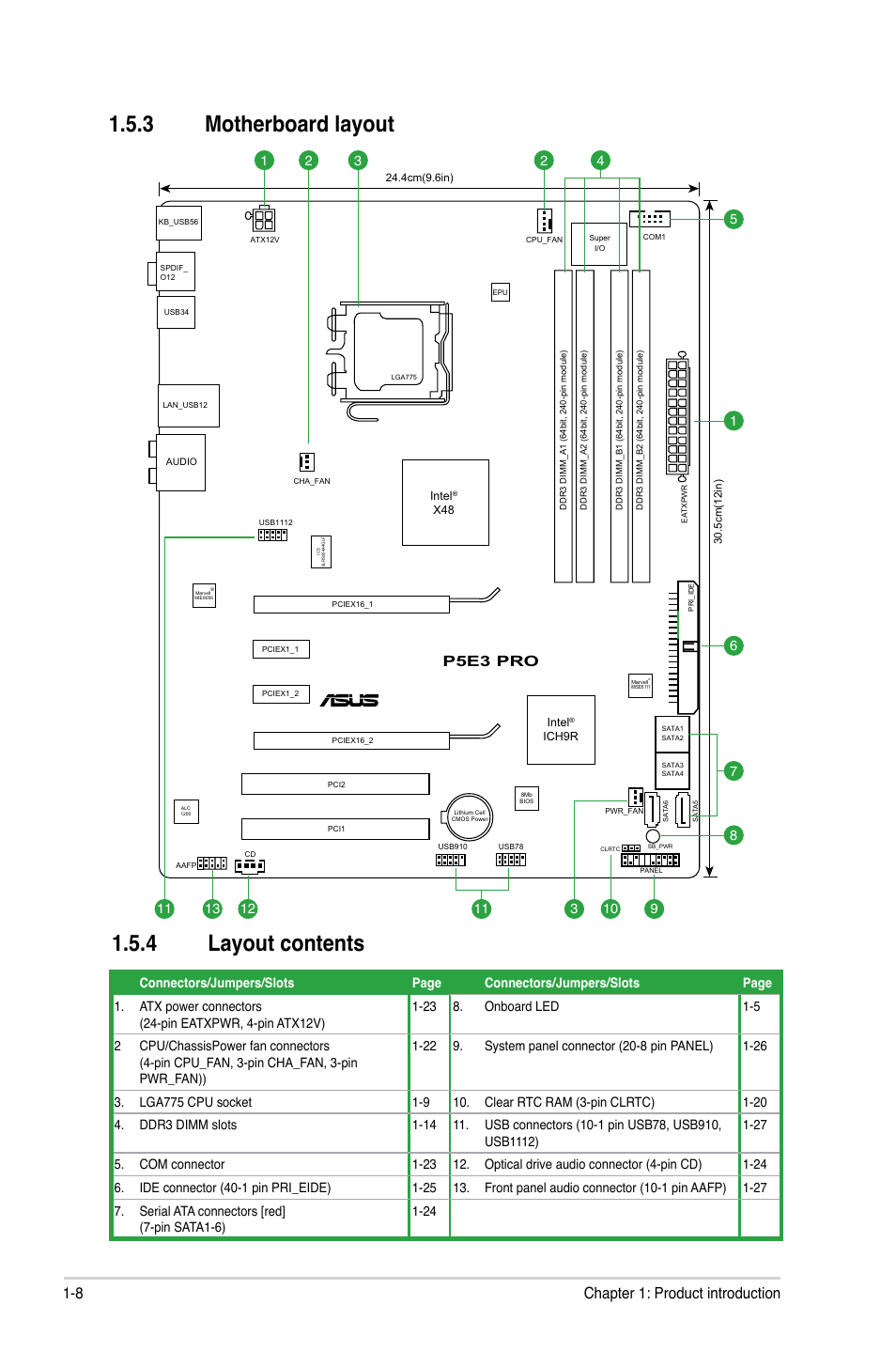 3 motherboard layout, 4 layout contents, Motherboard layout -8 | Layout contents -8, 8 chapter 1: product introduction, P5e3 pro | Asus P5E3 Pro User Manual | Page 18 / 62