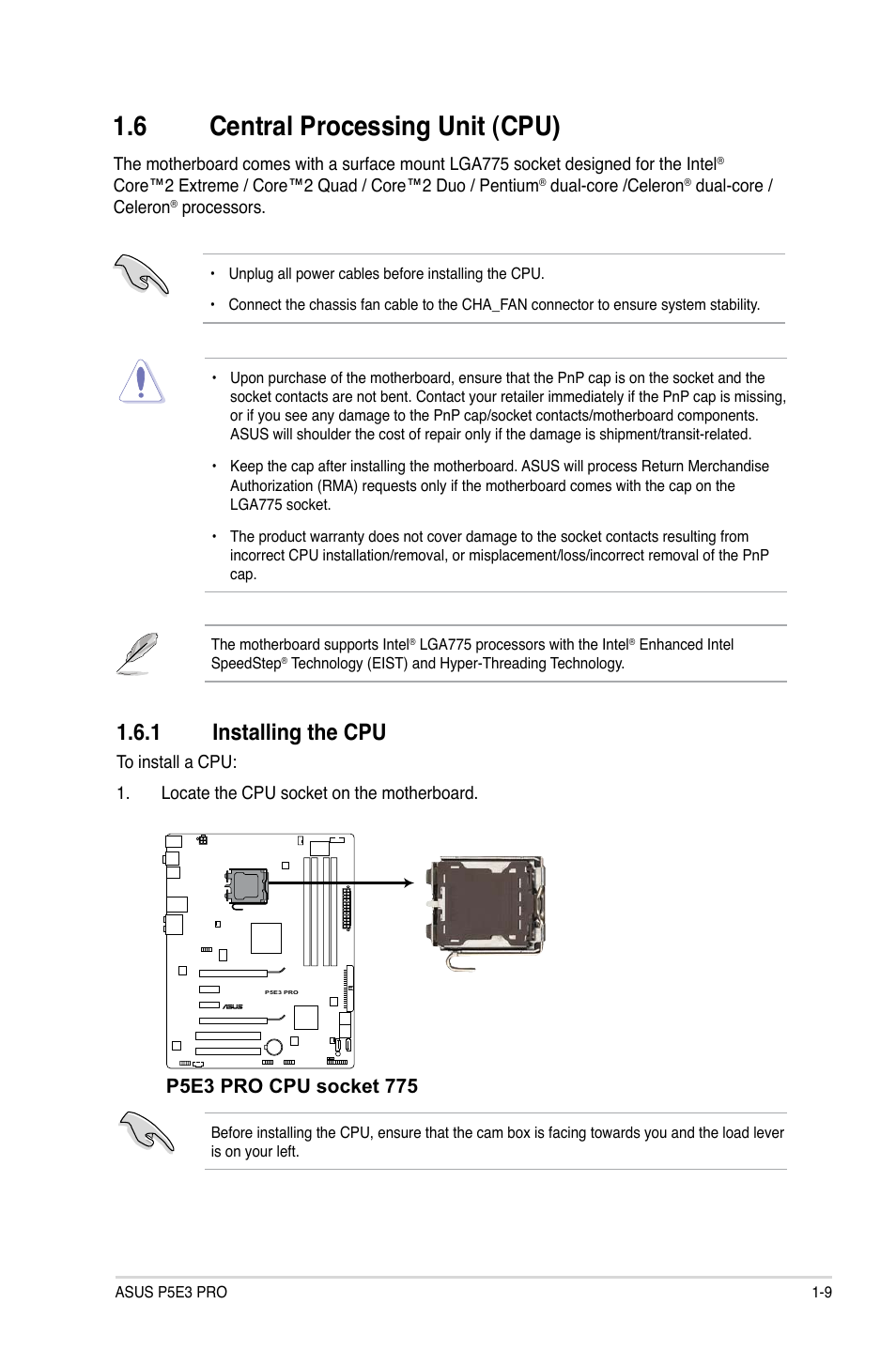 6 central processing unit (cpu), 1 installing the cpu, Central processing unit (cpu) -9 1.6.1 | Installing the cpu -9 | Asus P5E3 Pro User Manual | Page 19 / 62