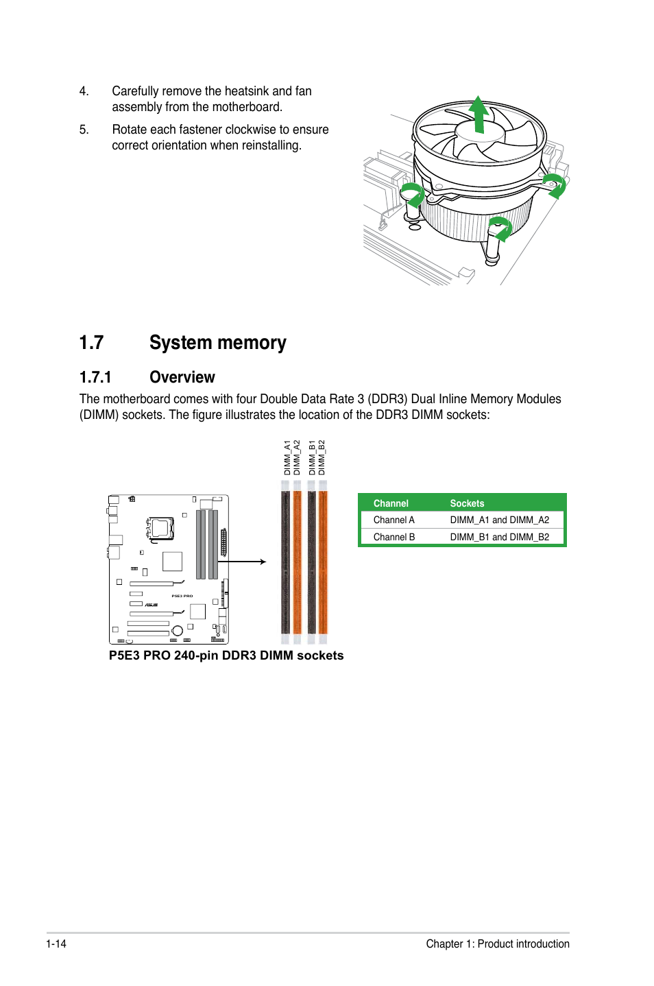 7 system memory, 1 overview, System memory -14 1.7.1 | Overview -14 | Asus P5E3 Pro User Manual | Page 24 / 62