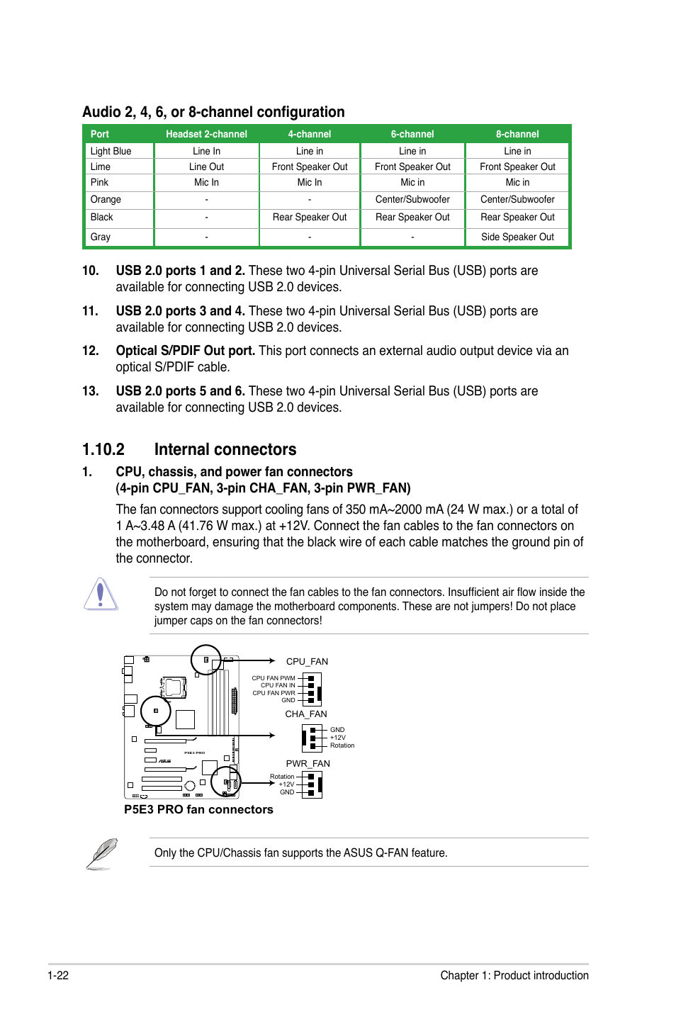 2 internal connectors, 2 internal connectors -22, Audio 2, 4, 6, or 8-channel configuration | Asus P5E3 Pro User Manual | Page 32 / 62