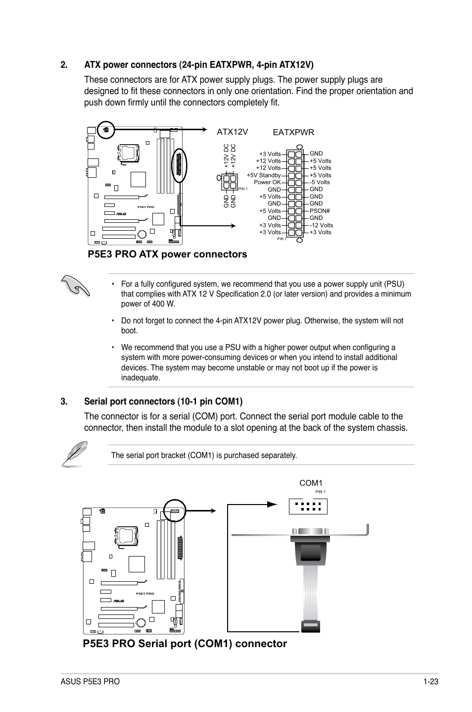 P5e3 pro serial port (com1) connector, P5e3 pro atx power connectors | Asus P5E3 Pro User Manual | Page 33 / 62