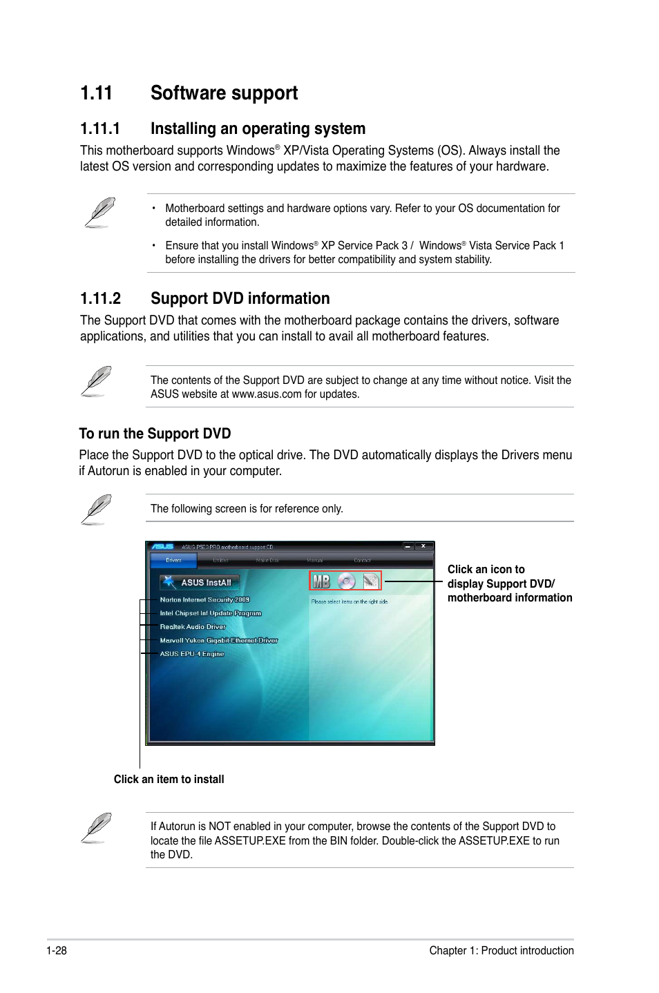 11 software support, 1 installing an operating system, 2 support dvd information | 11 software support -28 | Asus P5E3 Pro User Manual | Page 38 / 62
