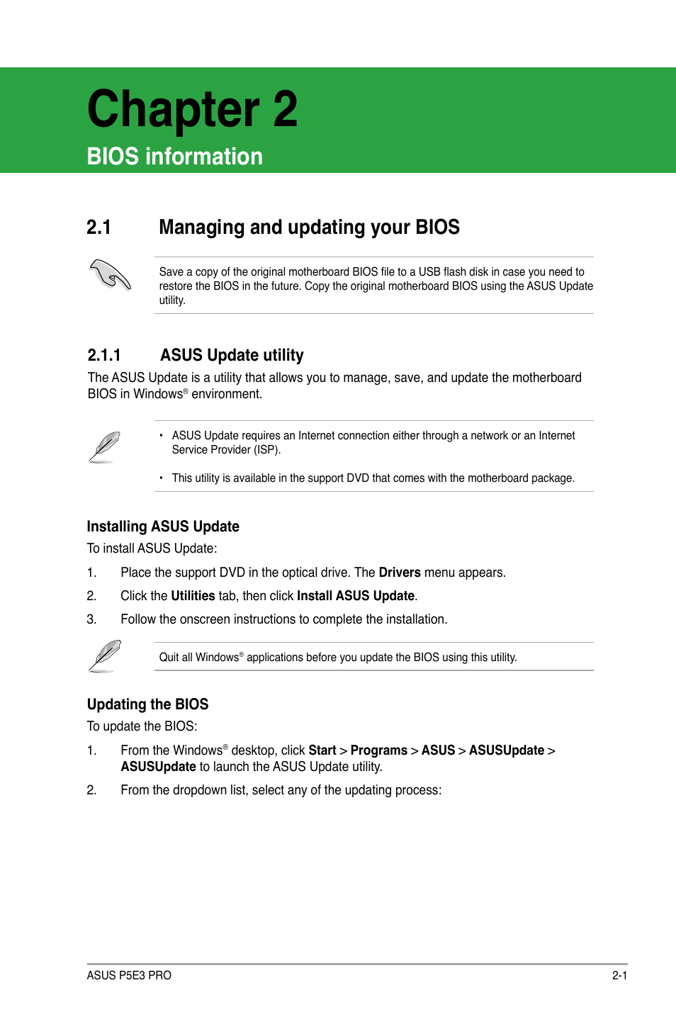 Chapter 2, Bios information, 1 managing and updating your bios | 1 asus update utility, Managing and updating your bios -1 2.1.1, Asus update utility -1 | Asus P5E3 Pro User Manual | Page 39 / 62