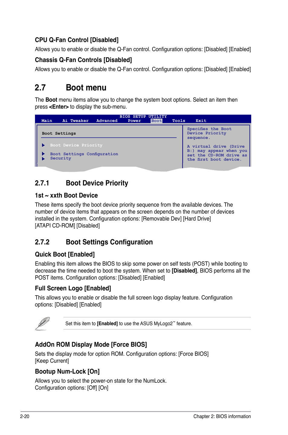 7 boot menu, 1 boot device priority, 2 boot settings configuration | Boot menu -20 2.7.1, Boot device priority -20, Boot settings configuration -20 | Asus P5E3 Pro User Manual | Page 58 / 62
