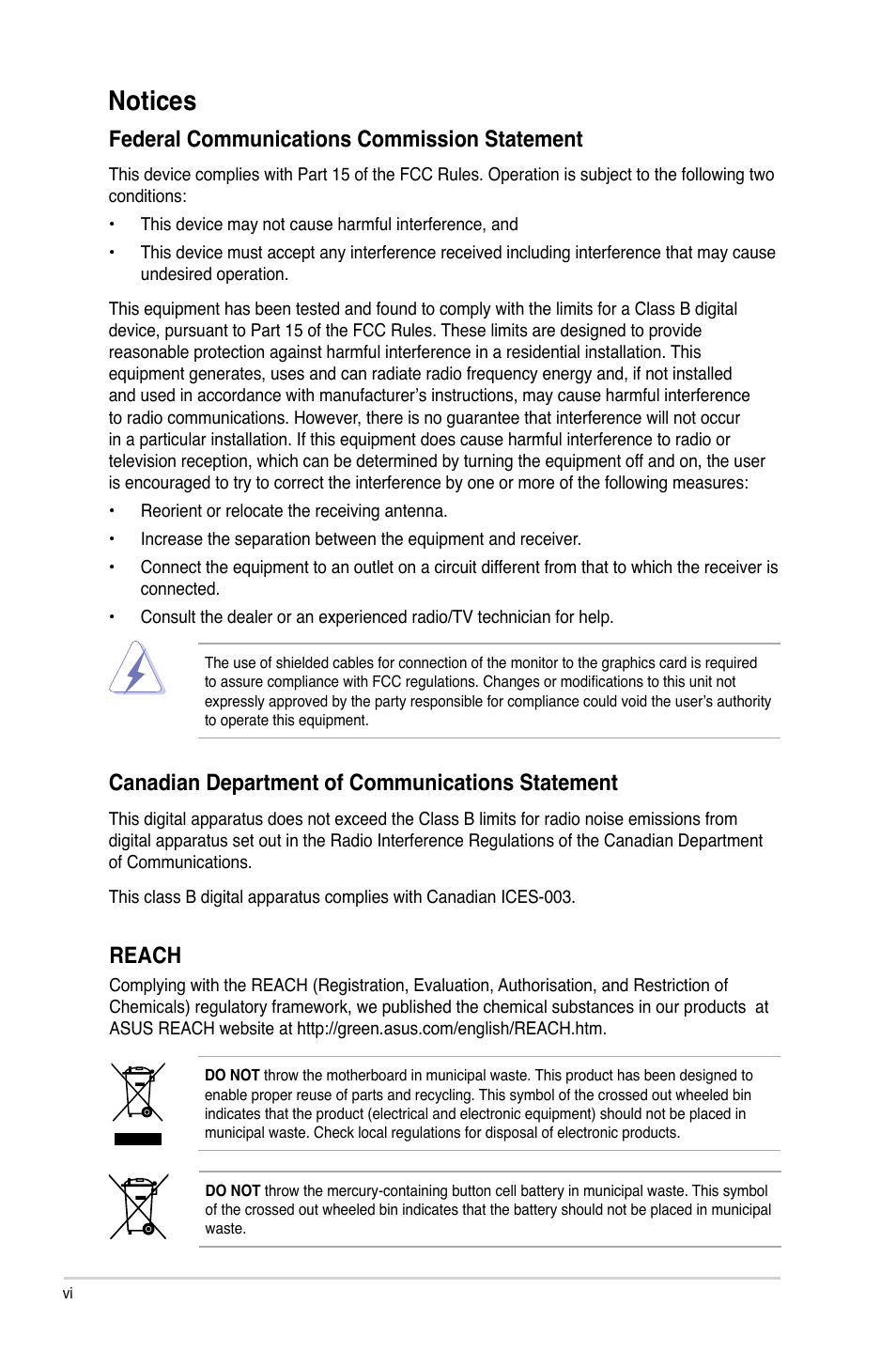 Notices, Federal communications commission statement, Canadian department of communications statement | Reach | Asus P5E3 Pro User Manual | Page 6 / 62