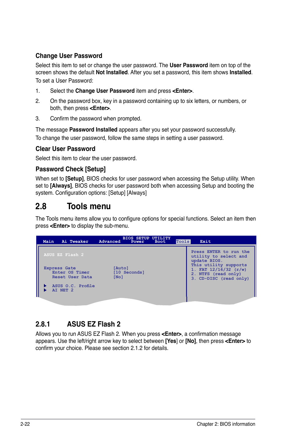 8 tools menu, 1 asus ez flash 2, Tools menu -22 2.8.1 | Asus ez flash 2 -22, Change user password, Clear user password, Password check [setup | Asus P5E3 Pro User Manual | Page 60 / 62