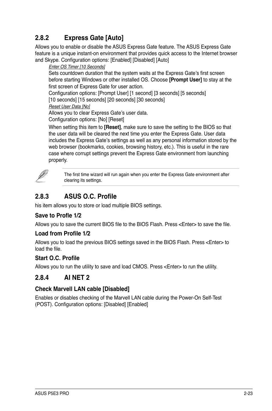 2 express gate [auto, 3 asus o.c. profile, 4 ai net 2 | Express gate -23, Asus o.c. profile -23, Ai net 2 -23 | Asus P5E3 Pro User Manual | Page 61 / 62
