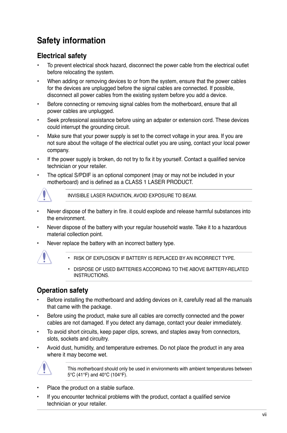 Safety information, Electrical safety, Operation safety | Asus P5E3 Pro User Manual | Page 7 / 62