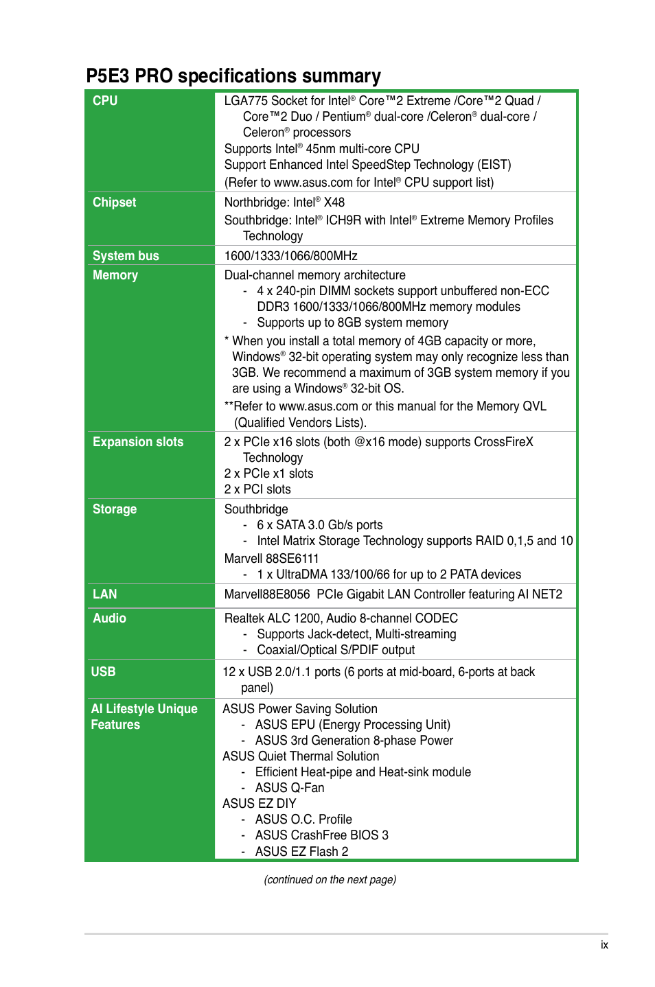 P5e3 pro specifications summary | Asus P5E3 Pro User Manual | Page 9 / 62