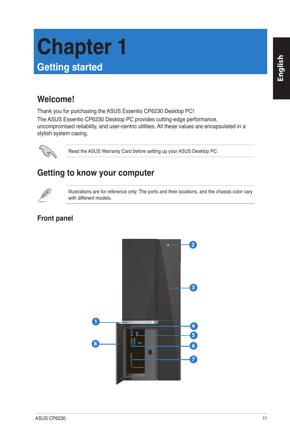 Chapter 1: getting started, Welcome, Getting to know your computer | Getting started, Welcome! getting to know your computer, Chapter 1 | Asus CP6230 User Manual | Page 11 / 330