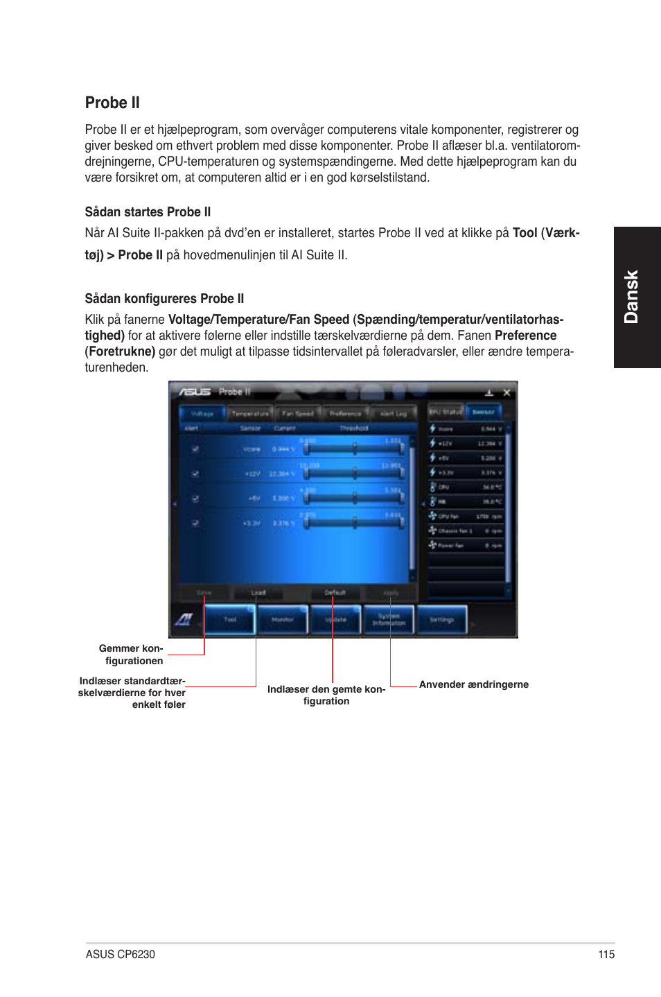 Dansk, Probe ii | Asus CP6230 User Manual | Page 115 / 330