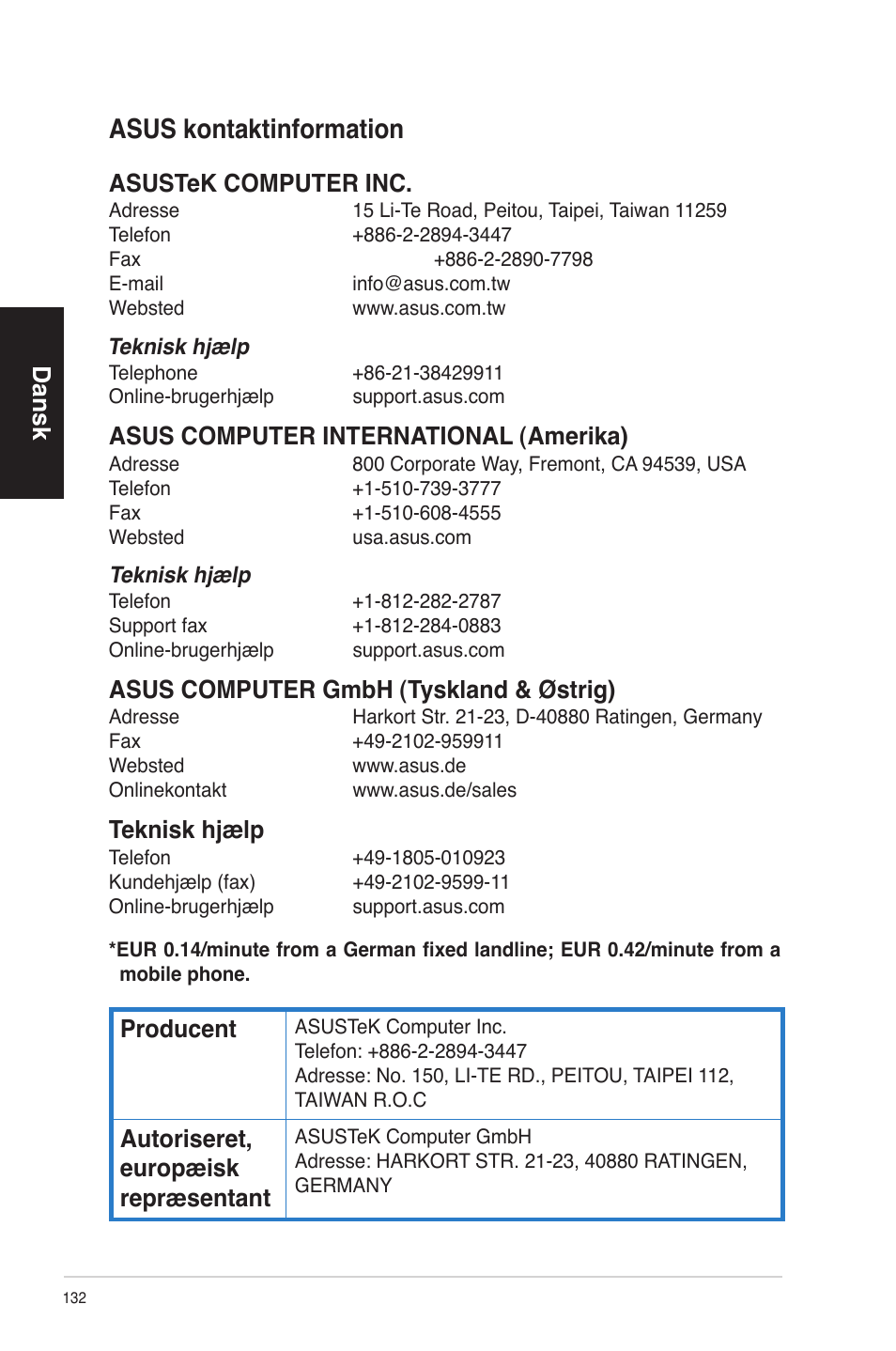 Asus kontaktinformation, Dansk, Asustek computer inc | Asus computer international (amerika), Asus computer gmbh (tyskland & østrig), Teknisk hjælp, Producent, Autoriseret, europæisk repræsentant | Asus CP6230 User Manual | Page 132 / 330