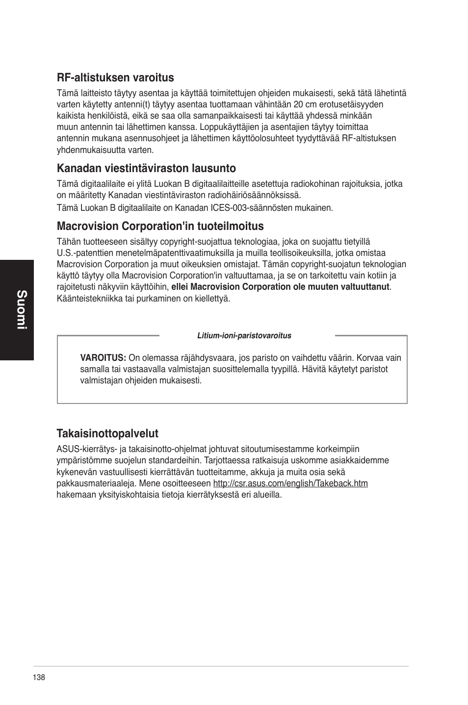 Suomi, Rf-altistuksen varoitus, Kanadan viestintäviraston lausunto | Macrovision corporation'in tuoteilmoitus, Takaisinottopalvelut | Asus CP6230 User Manual | Page 138 / 330