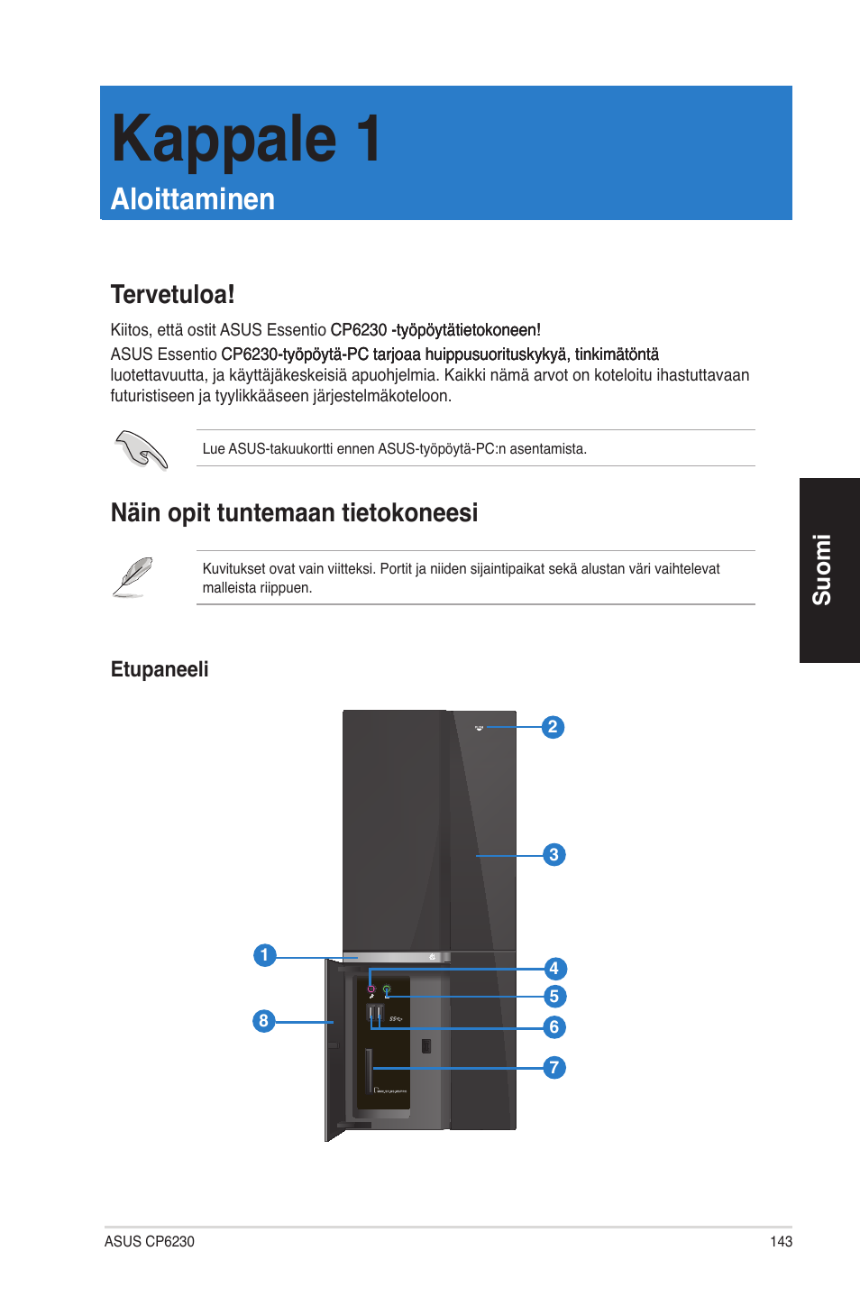 Kappale 1, Aloittaminen, Tervetuloa | Näin opit tuntemaan tietokoneesi, Kappale 1: aloittaminen, Tervetuloa! näin opit tuntemaan tietokoneesi, Suomi | Asus CP6230 User Manual | Page 143 / 330