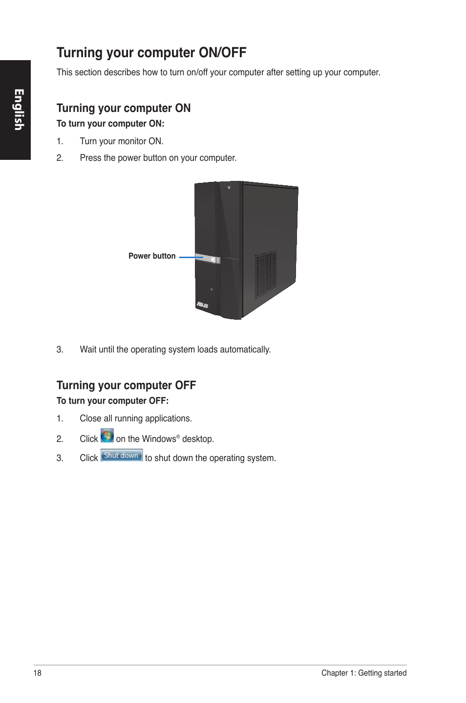 Turning your computer on/off, English, Turning your computer on | Turning your computer off | Asus CP6230 User Manual | Page 18 / 330