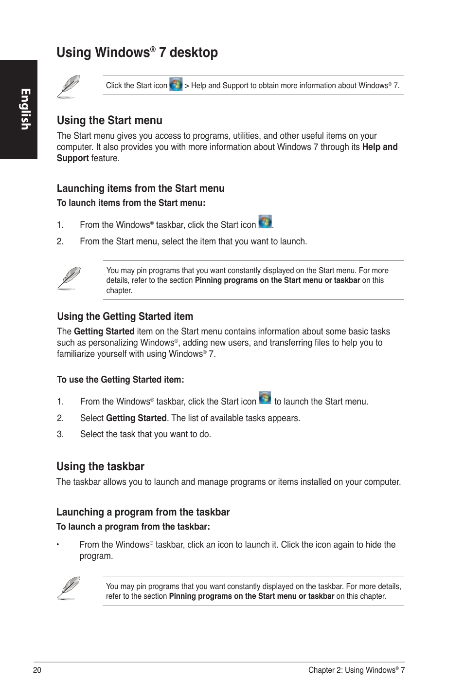 Using windows® 7 desktop, Using windows, 7 desktop | English, Using the start menu, Using the taskbar | Asus CP6230 User Manual | Page 20 / 330