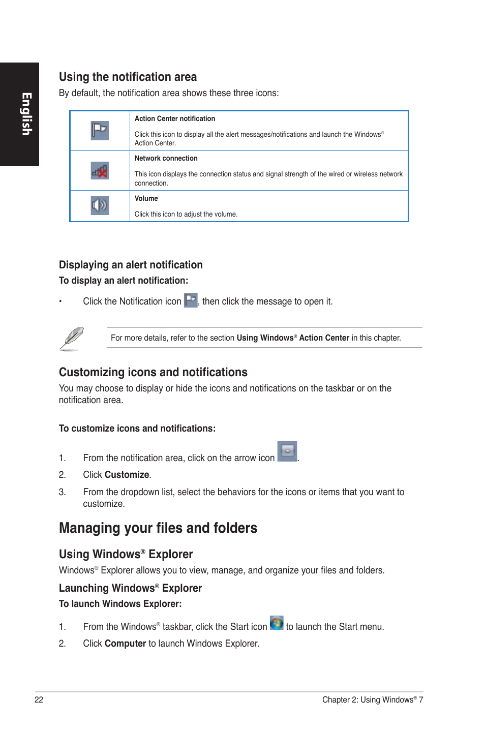 Managing your files and folders, English, Using the notification area | Customizing icons and notifications, Using windows, Explorer | Asus CP6230 User Manual | Page 22 / 330