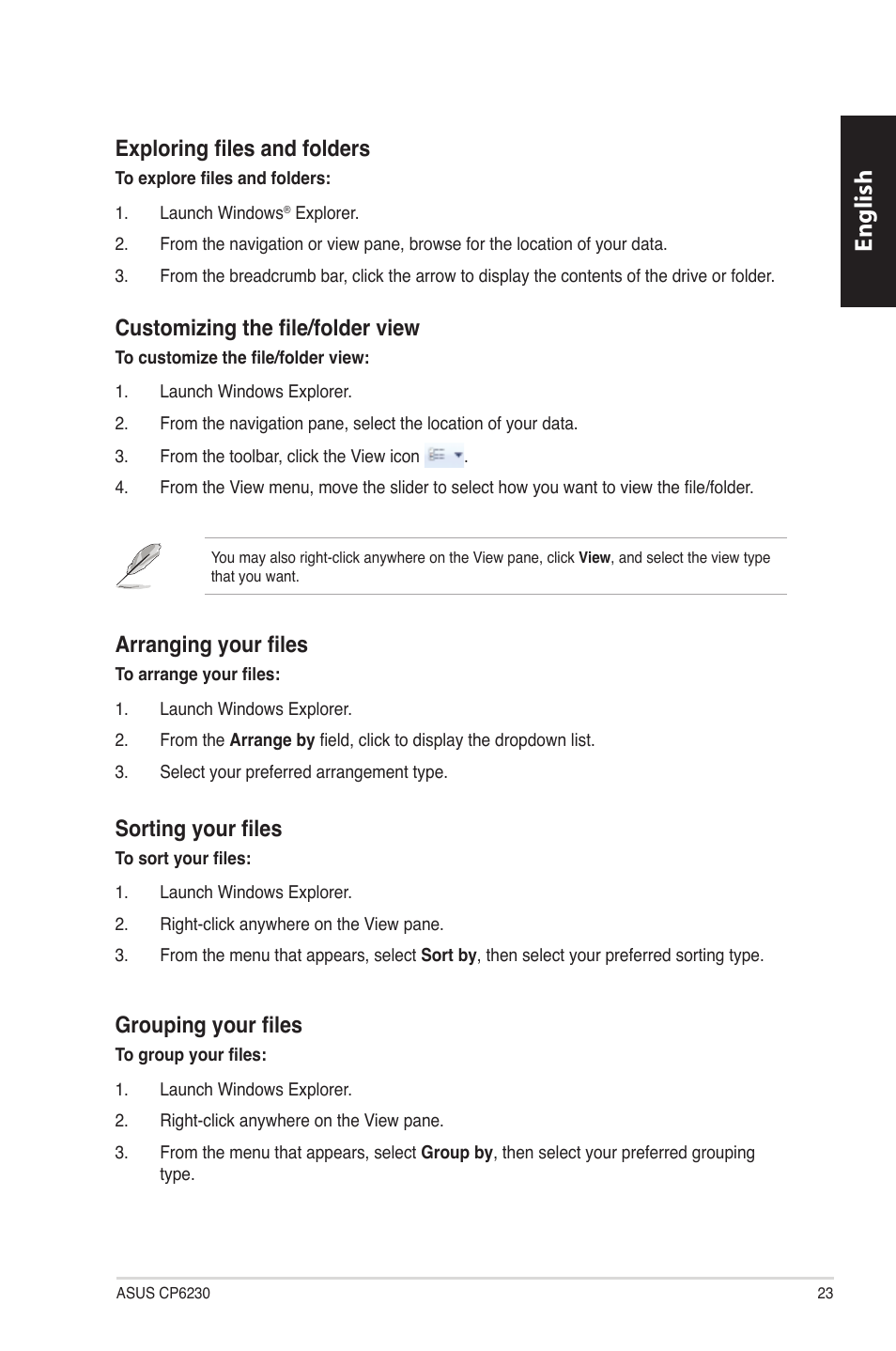 English, Exploring files and folders, Customizing the file/folder view | Arranging your files, Sorting your files, Grouping your files | Asus CP6230 User Manual | Page 23 / 330