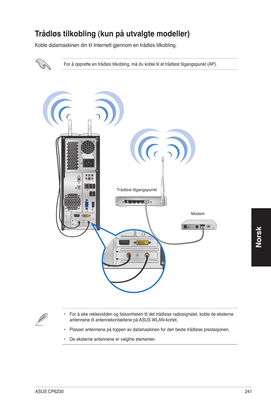 Trådløs tilkobling (kun på utvalgte modeller), T��ådløs tilkobling �kun på utv�lgte modelle, No ��sk no ��sk | Asus CP6230 User Manual | Page 241 / 330