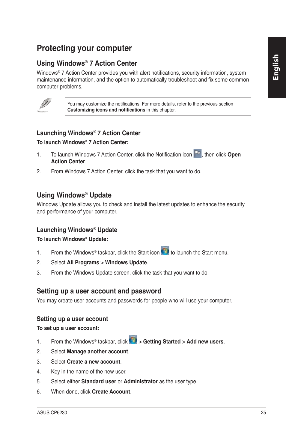 Protecting your computer, English, Using windows | 7 action center, Update, Setting up a user account and password | Asus CP6230 User Manual | Page 25 / 330