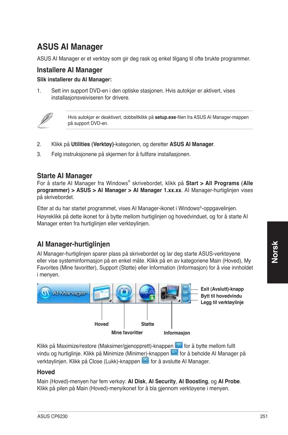 Asus ai manager, Asus ai m�n�ge, No ��sk no ��sk | Inst�lle��e ai m�n�ge, St���te ai m�n�ge, Ai m�n�ge��-hu��tiglin�en | Asus CP6230 User Manual | Page 251 / 330