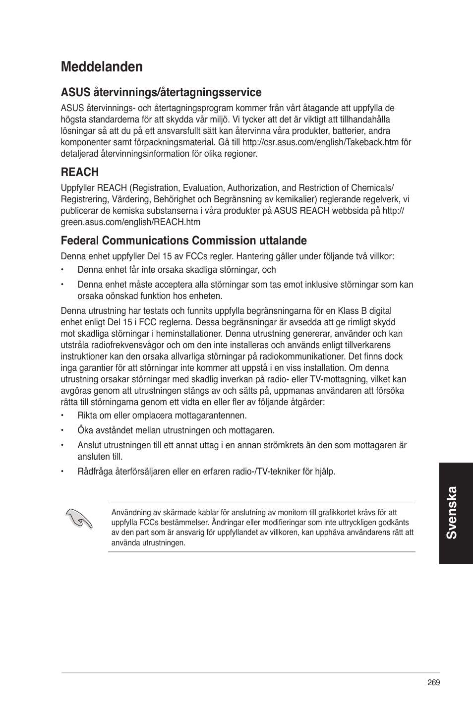 Meddelanden, Svenska, Asus återvinnings/återtagningsservice | Reach, Federal communications commission uttalande | Asus CP6230 User Manual | Page 269 / 330