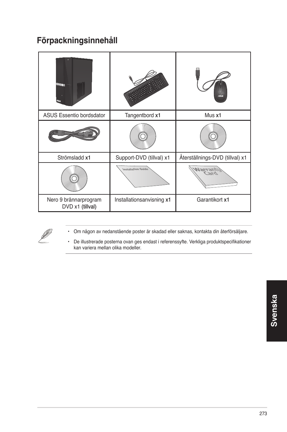 Förpackningsinnehåll, Svenska | Asus CP6230 User Manual | Page 273 / 330