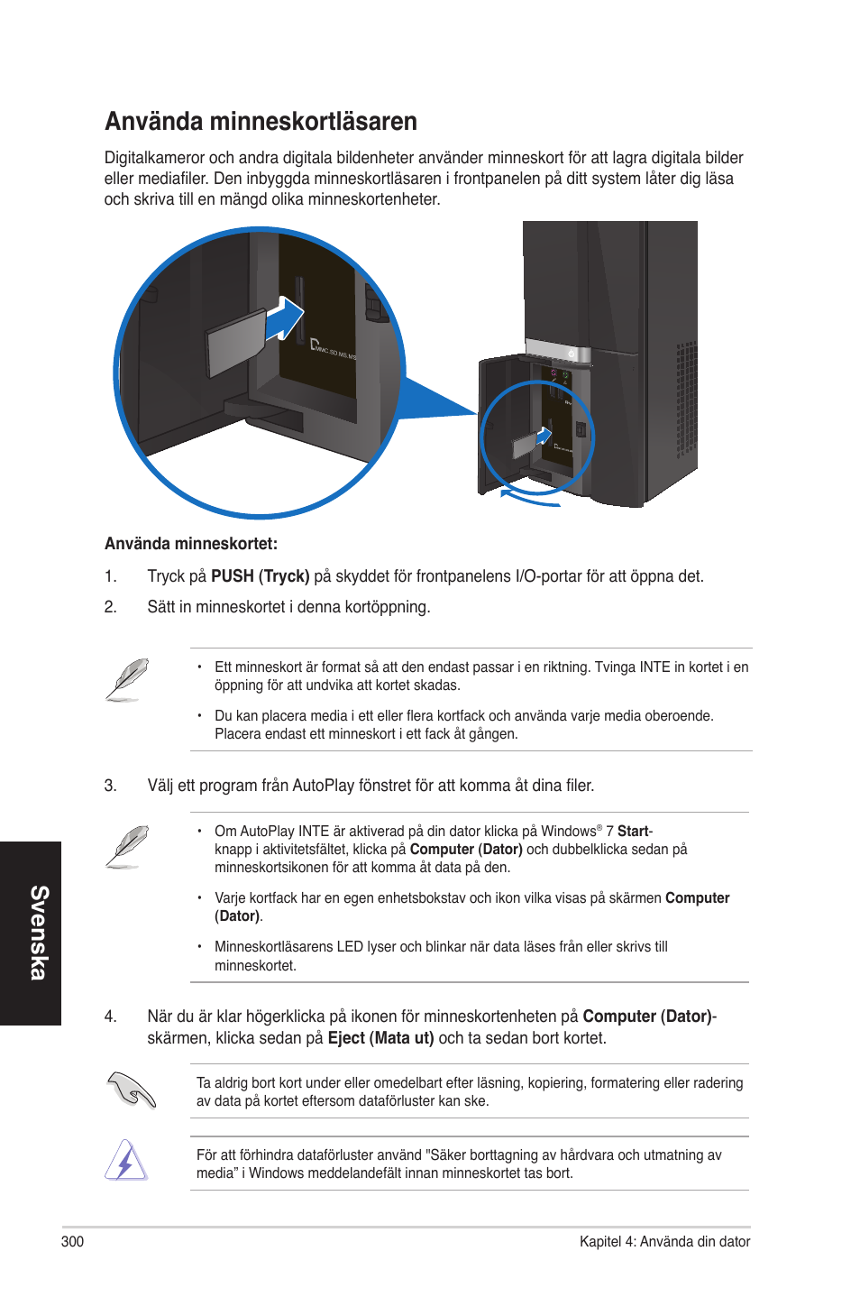 Använda minneskortläsaren, Svenska | Asus CP6230 User Manual | Page 300 / 330