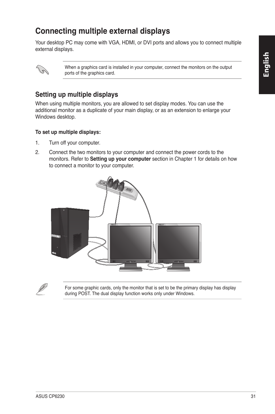 Connecting multiple external displays, English, Setting up multiple displays | Asus CP6230 User Manual | Page 31 / 330