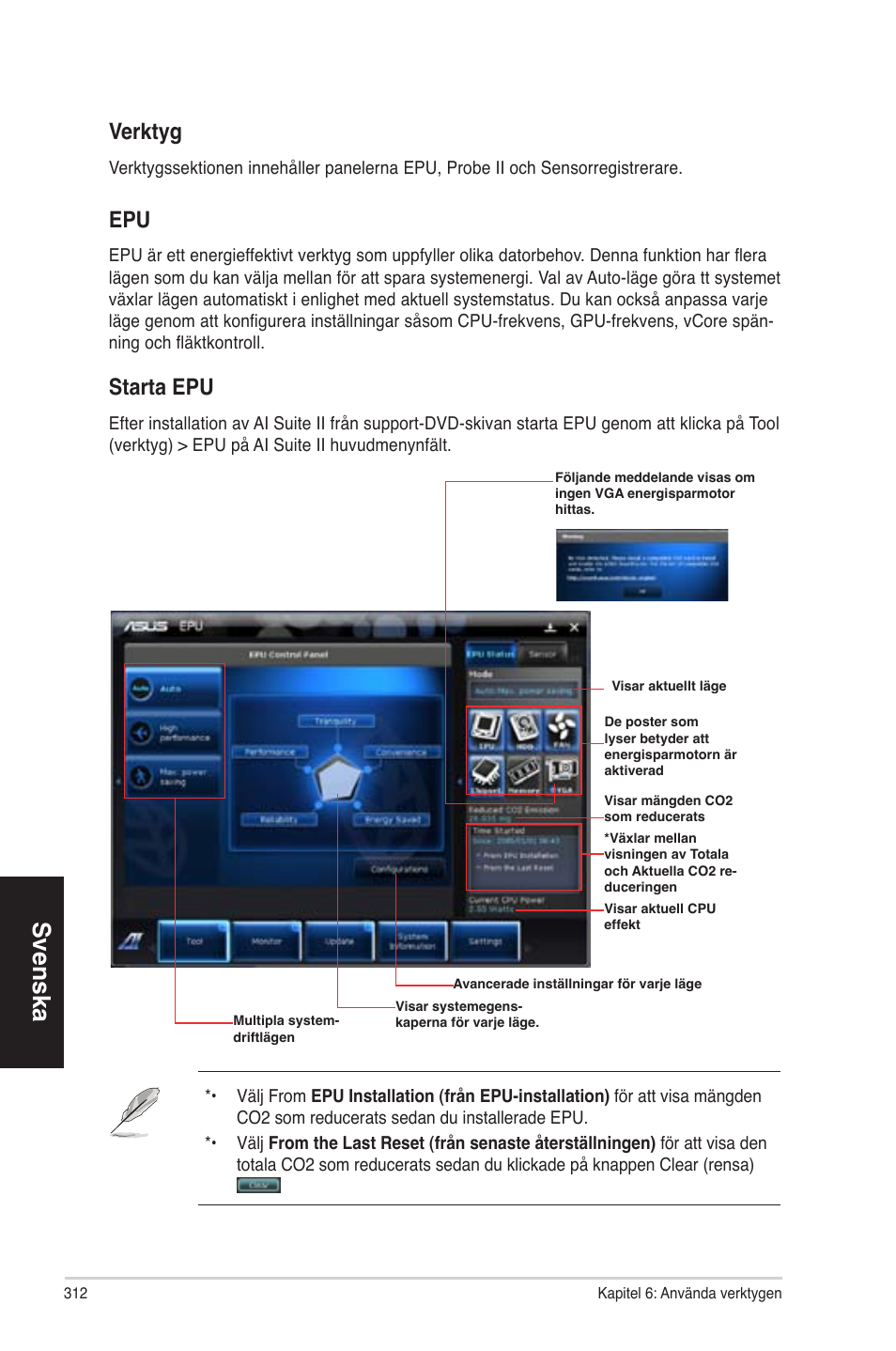 Svenska, Starta epu, Verktyg | Asus CP6230 User Manual | Page 312 / 330