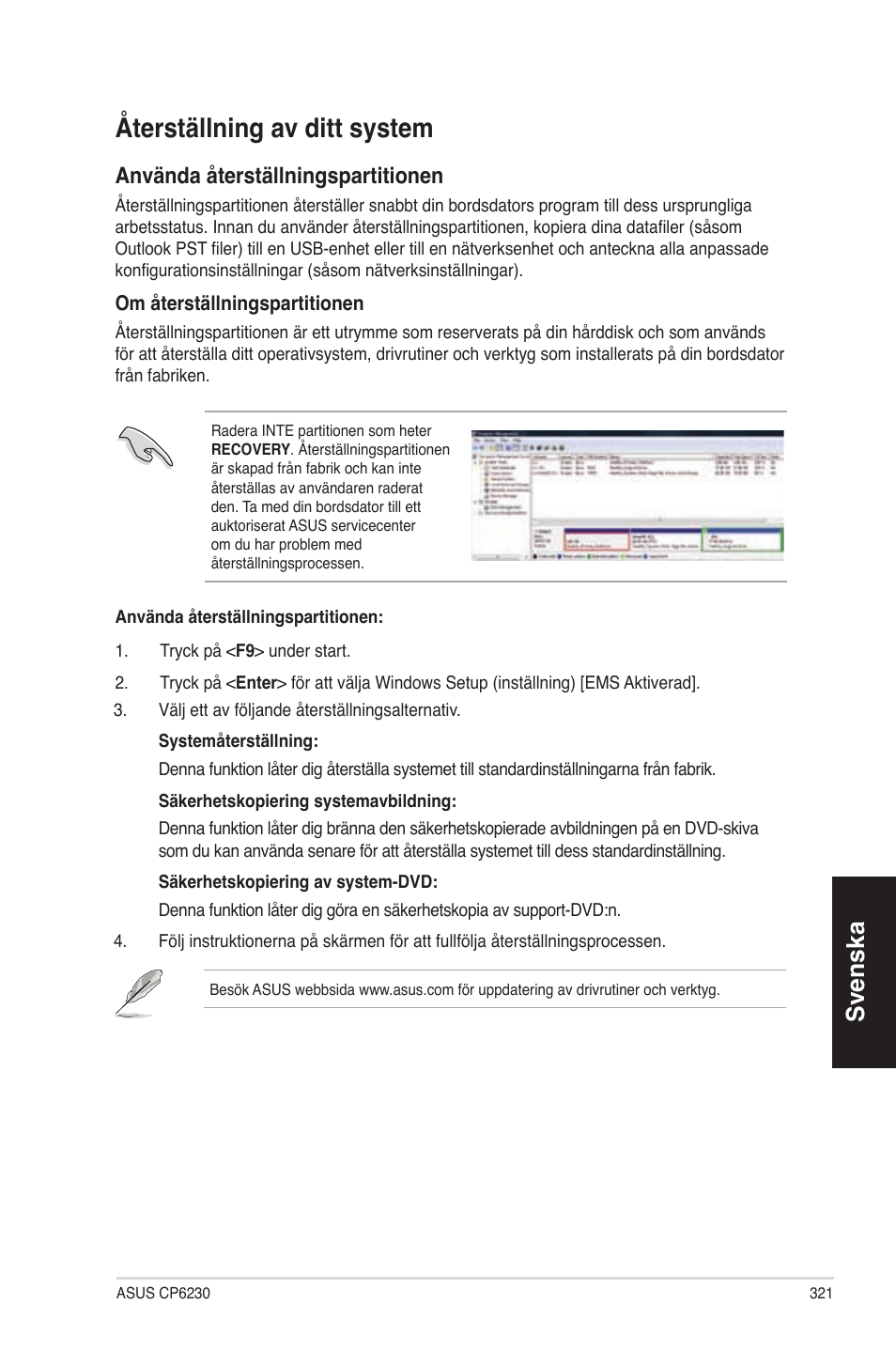 Återställning av ditt system, Svenska, Använda återställningspartitionen | Asus CP6230 User Manual | Page 321 / 330