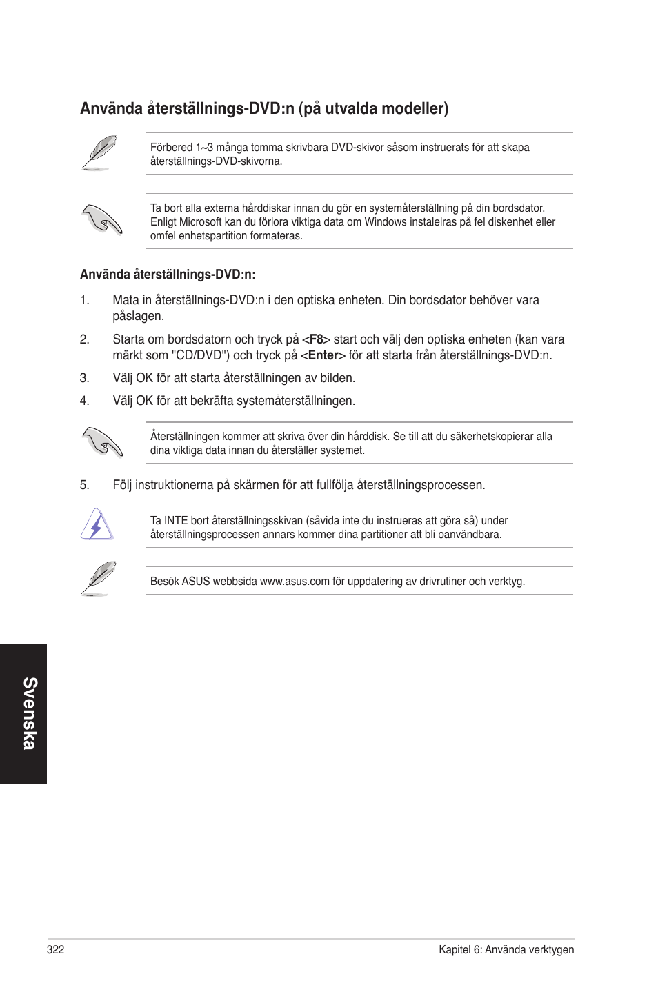 Svenska, Använda återställnings-dvd:n (på utvalda modeller) | Asus CP6230 User Manual | Page 322 / 330