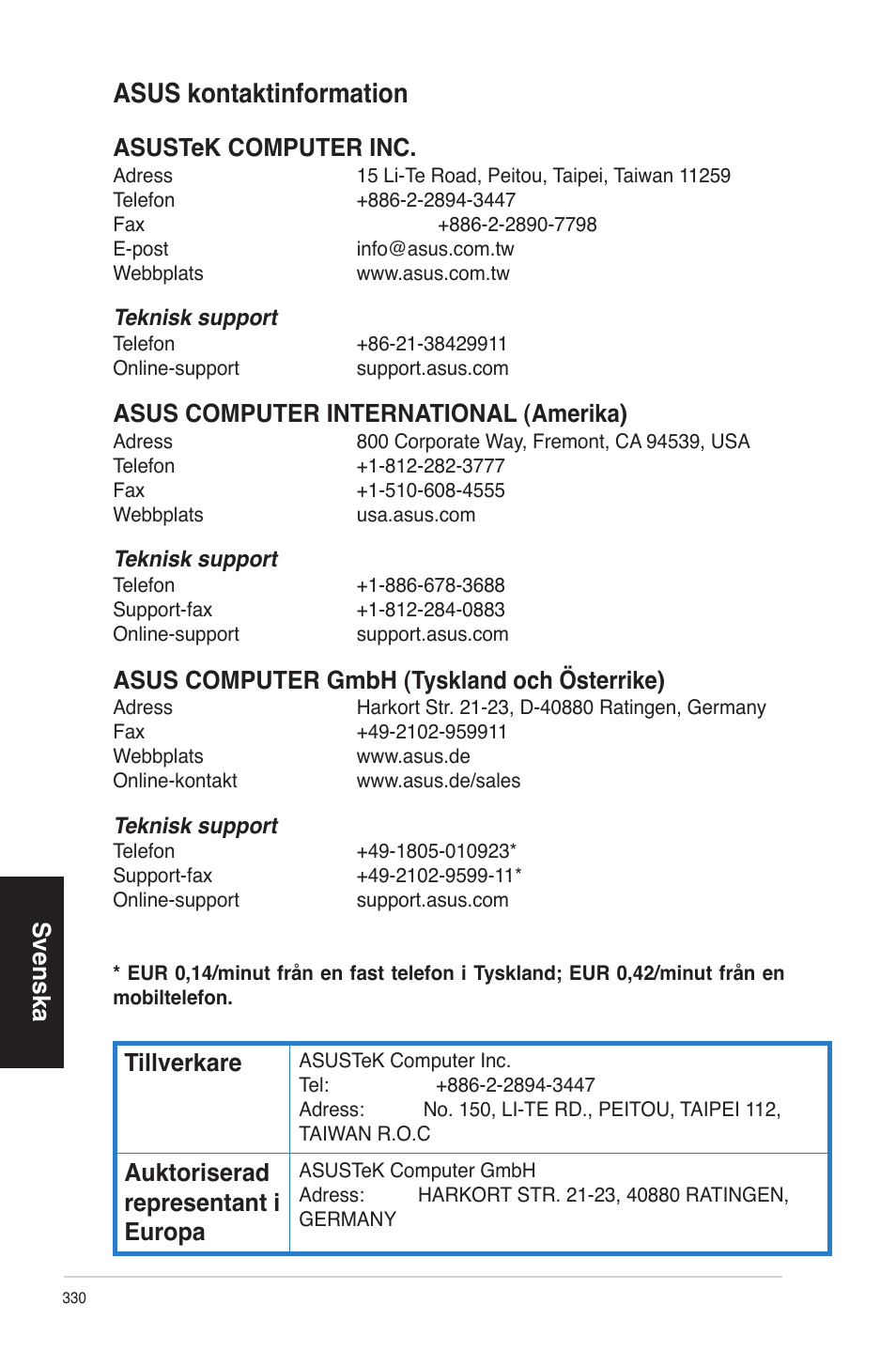 Asus kontaktinformation, Svenska, Asustek computer inc | Asus computer international (amerika), Asus computer gmbh (tyskland och österrike), Tillverkare, Auktoriserad representant i europa | Asus CP6230 User Manual | Page 330 / 330