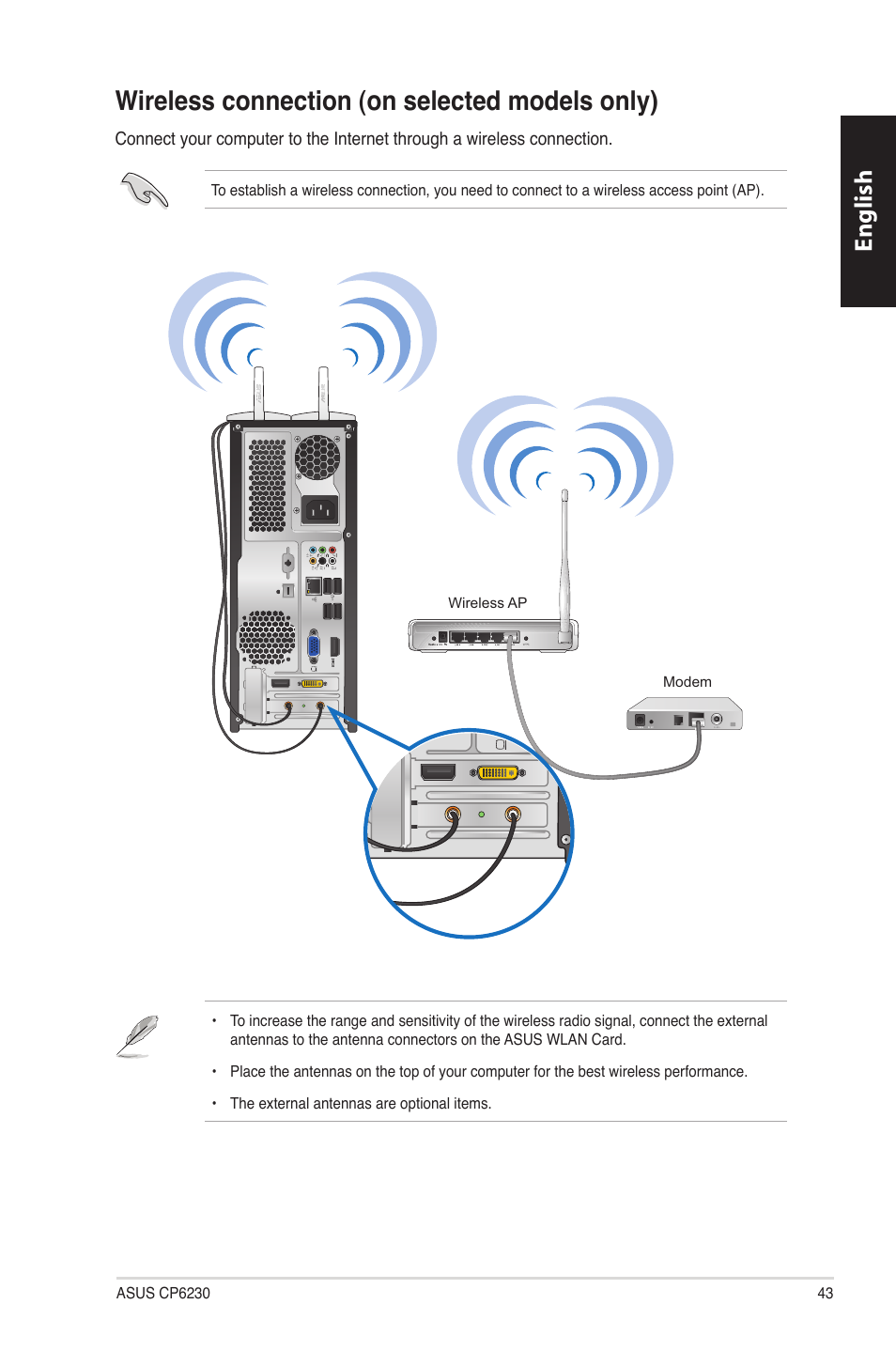 Wireless connection (on selected models only), Wireless connection �on selected models only, English | Asus CP6230 User Manual | Page 43 / 330