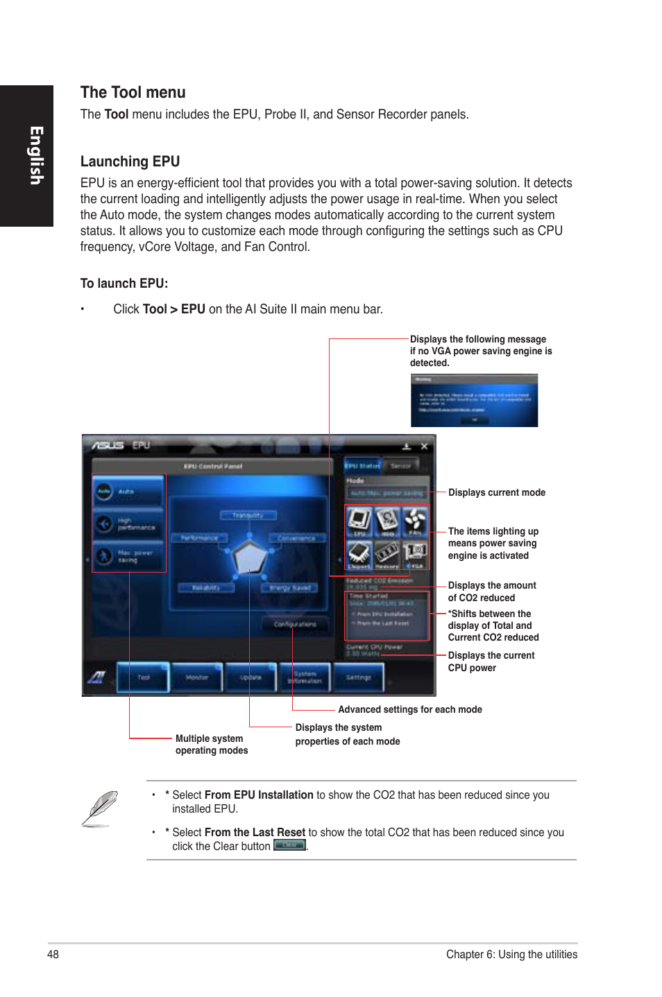 English, The tool menu, Launching epu | Asus CP6230 User Manual | Page 48 / 330