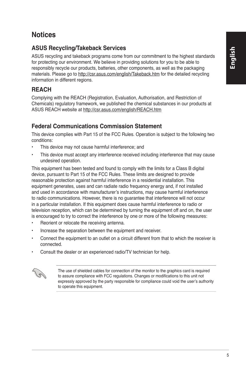 Notices, English, Asus recycling/takeback services | Reach, Federal communications commission statement | Asus CP6230 User Manual | Page 5 / 330