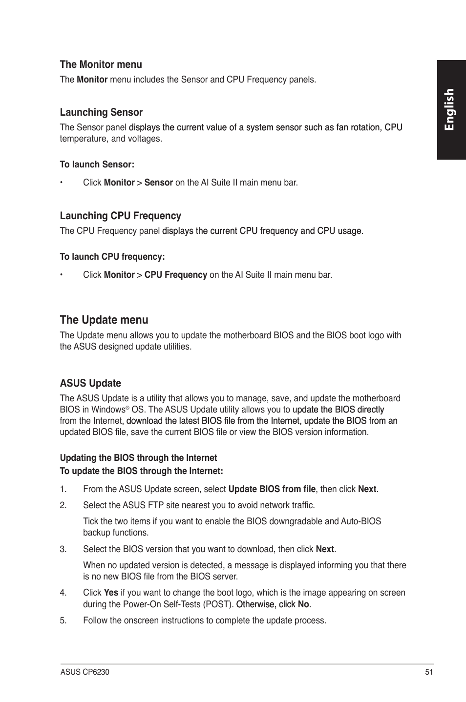 English, The update menu | Asus CP6230 User Manual | Page 51 / 330