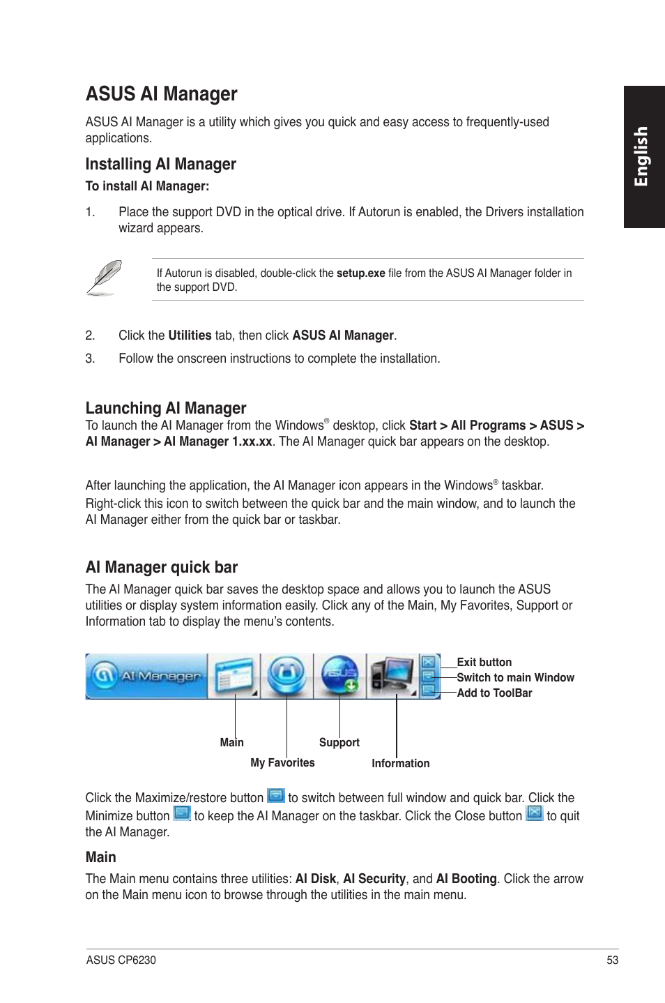 Asus ai manager, English, Installing ai manager | Launching ai manager, Ai manager quick bar | Asus CP6230 User Manual | Page 53 / 330