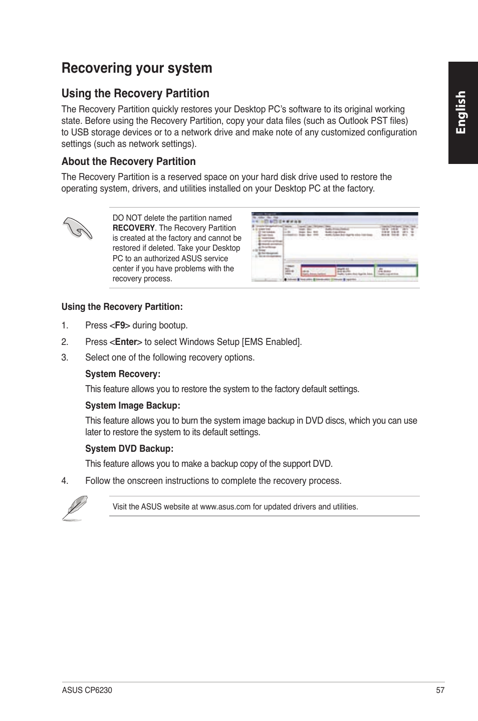 Recovering your system, English, Using the recovery partition | Asus CP6230 User Manual | Page 57 / 330