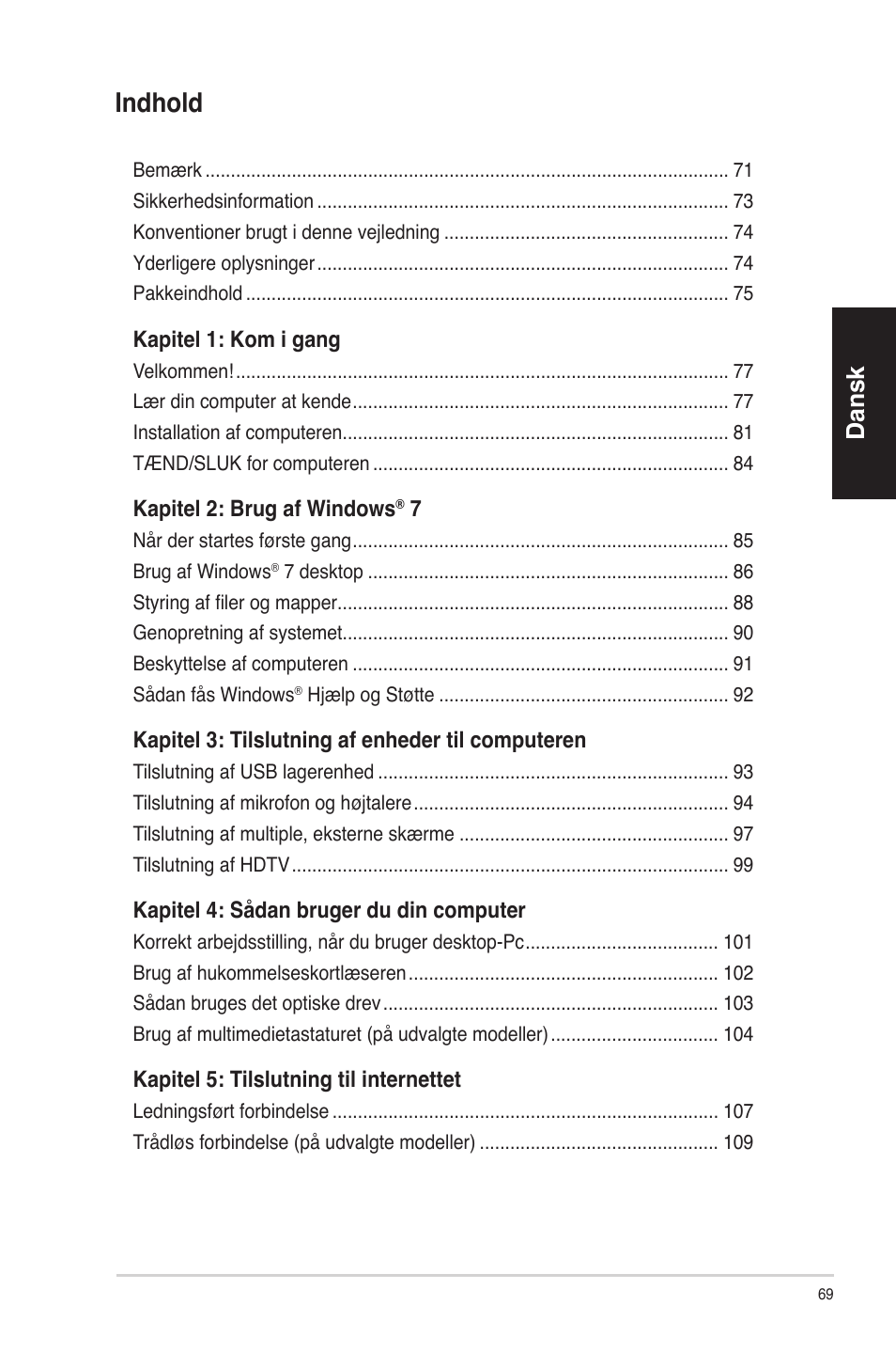 Indhold, Dansk | Asus CP6230 User Manual | Page 69 / 330