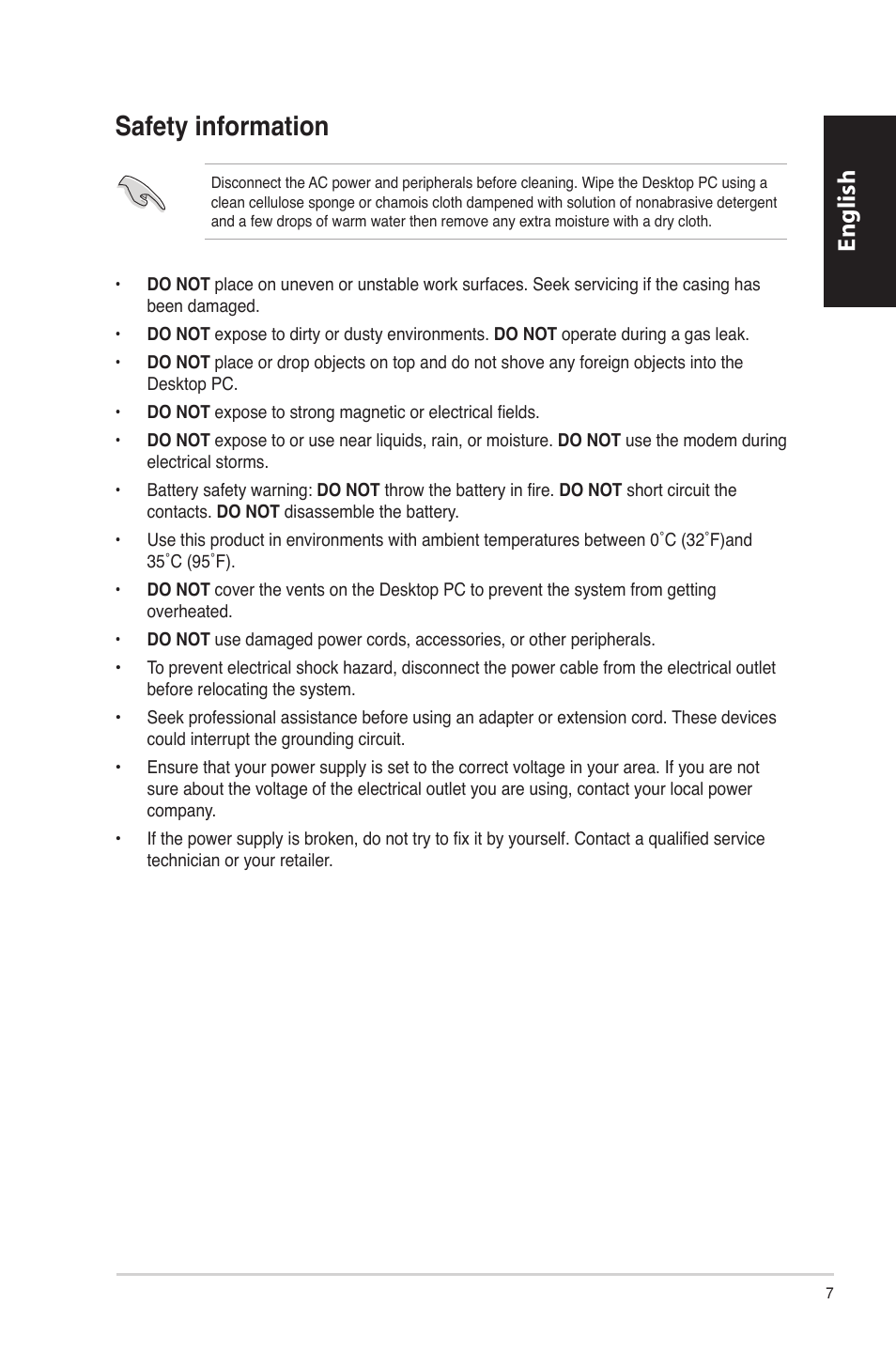 Safety information, English | Asus CP6230 User Manual | Page 7 / 330