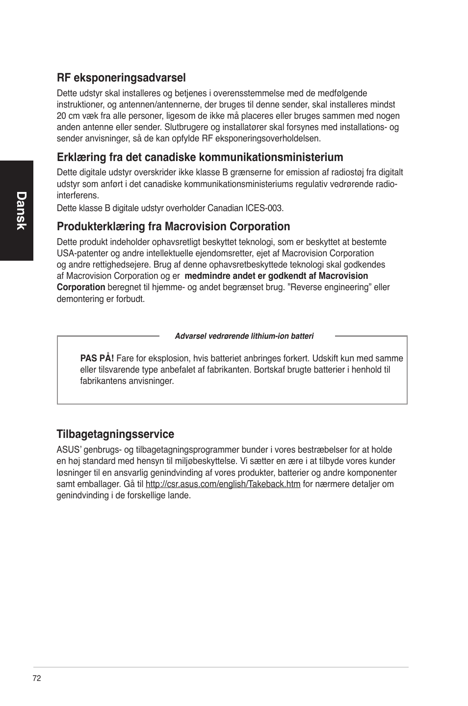 Dansk, Tilbagetagningsservice, Rf eksponeringsadvarsel | Produkterklæring fra macrovision corporation | Asus CP6230 User Manual | Page 72 / 330