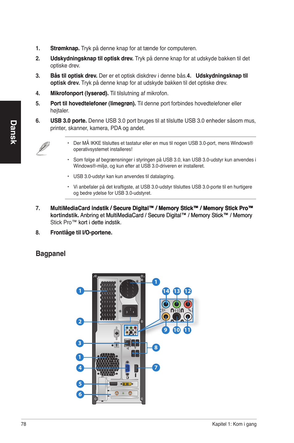 Dansk, Bagpanel | Asus CP6230 User Manual | Page 78 / 330