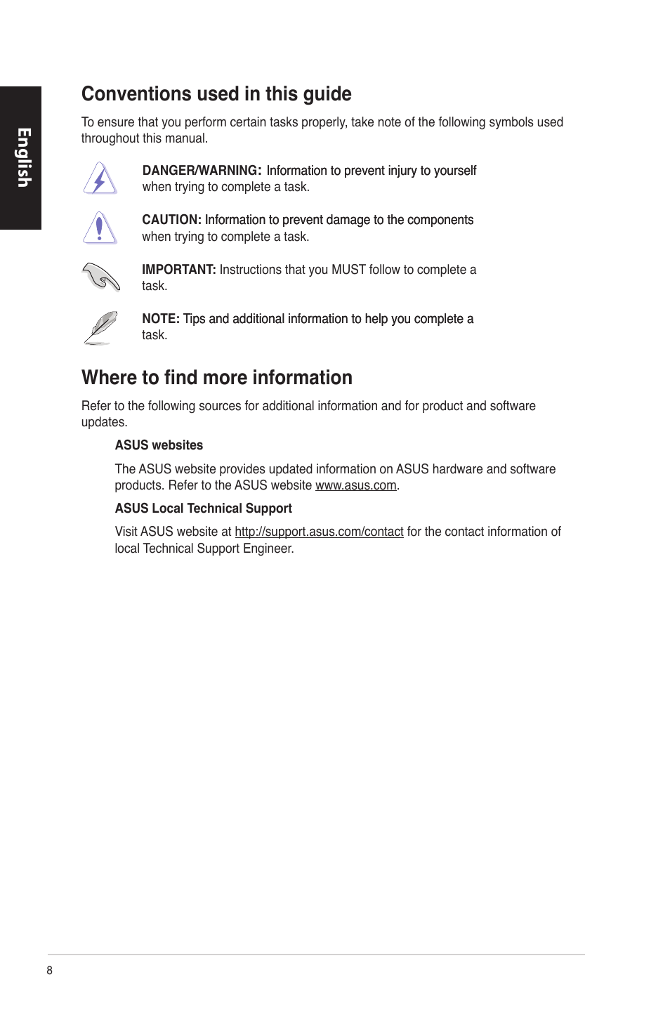 Conventions used in this guide, Where to find more information, English | Asus CP6230 User Manual | Page 8 / 330