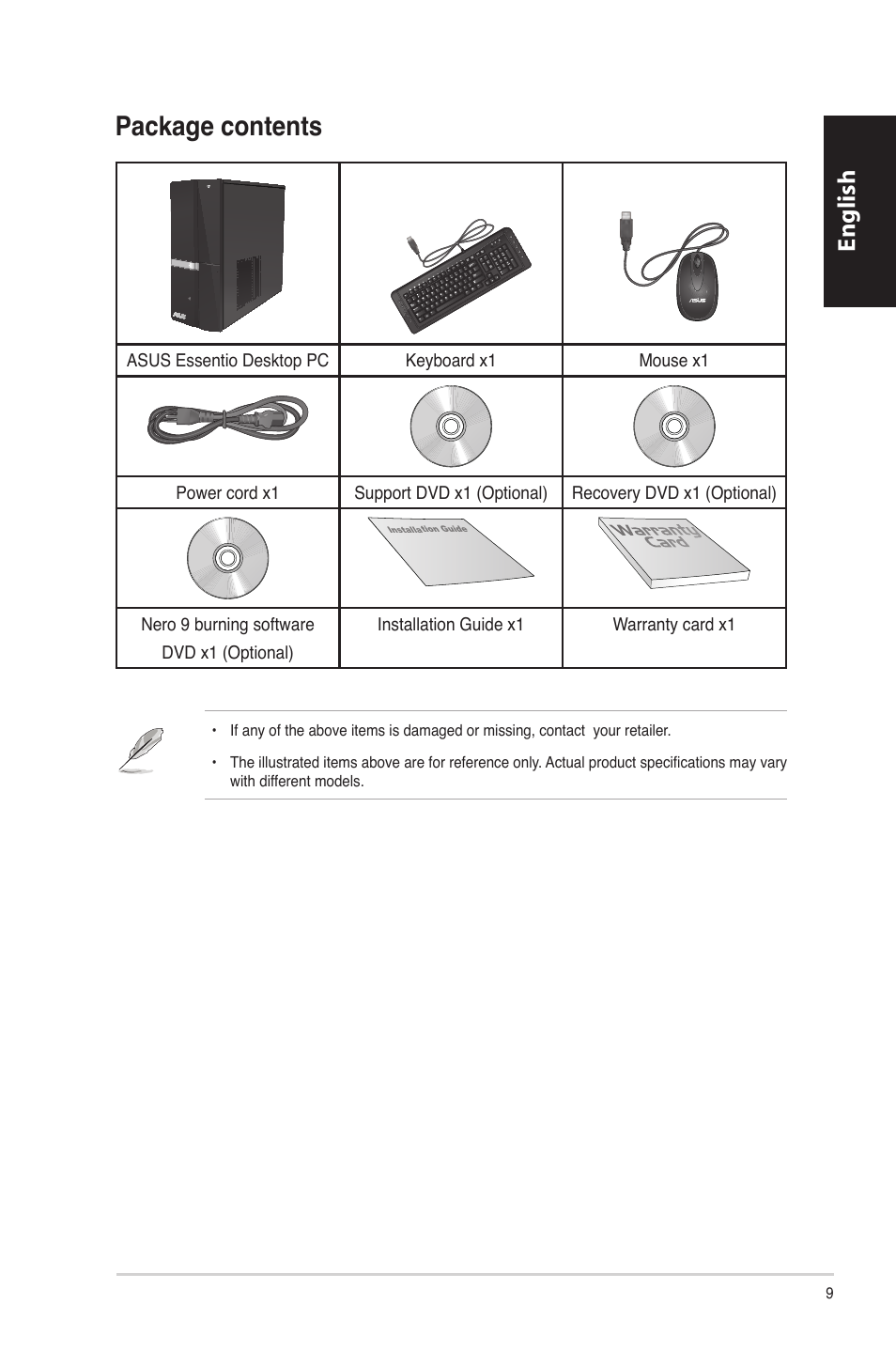 Package contents, English | Asus CP6230 User Manual | Page 9 / 330